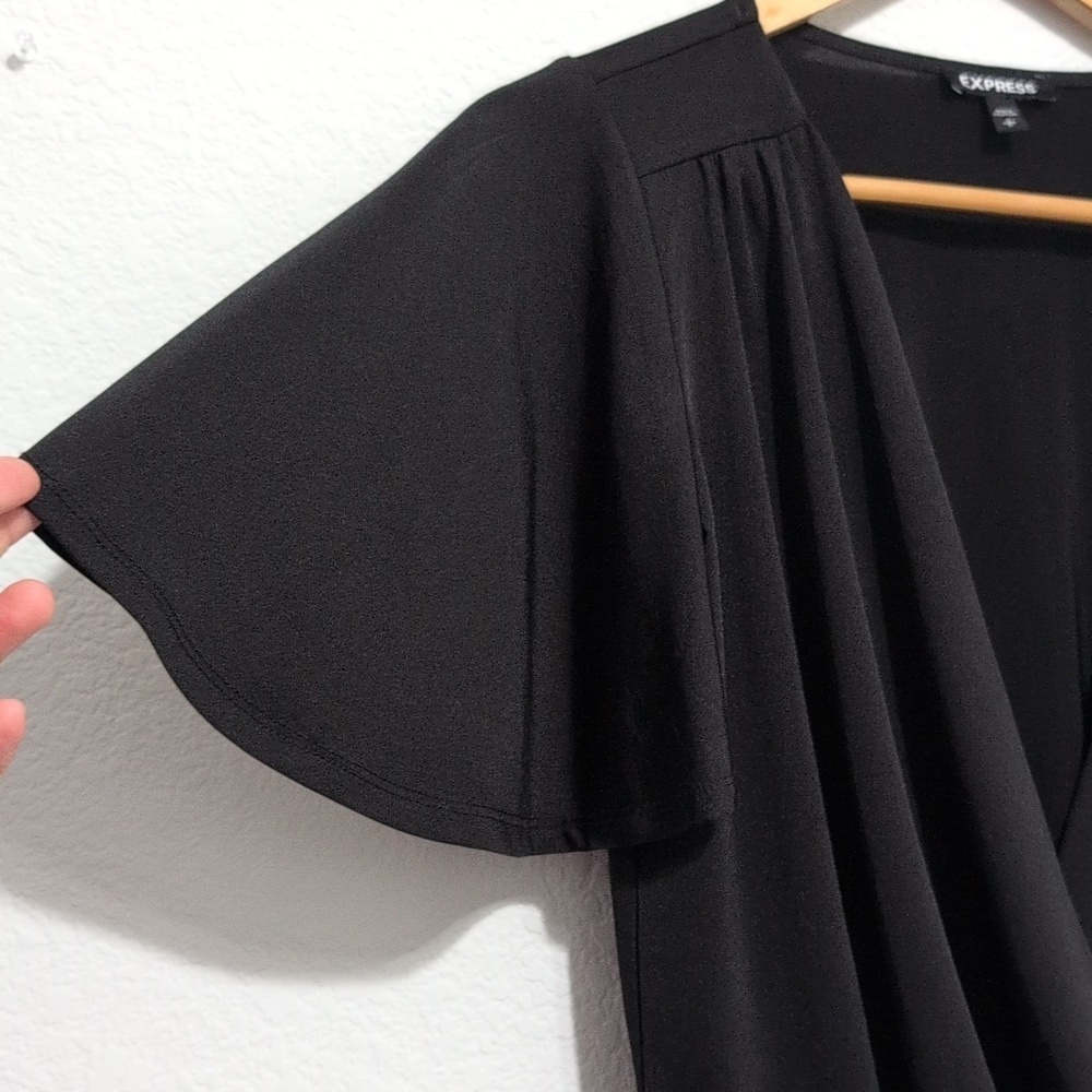 EXPRESS Satin Black Flutter Sleeve Wrap Front Bodysuit Women's Size Small - Picture 7 of 13